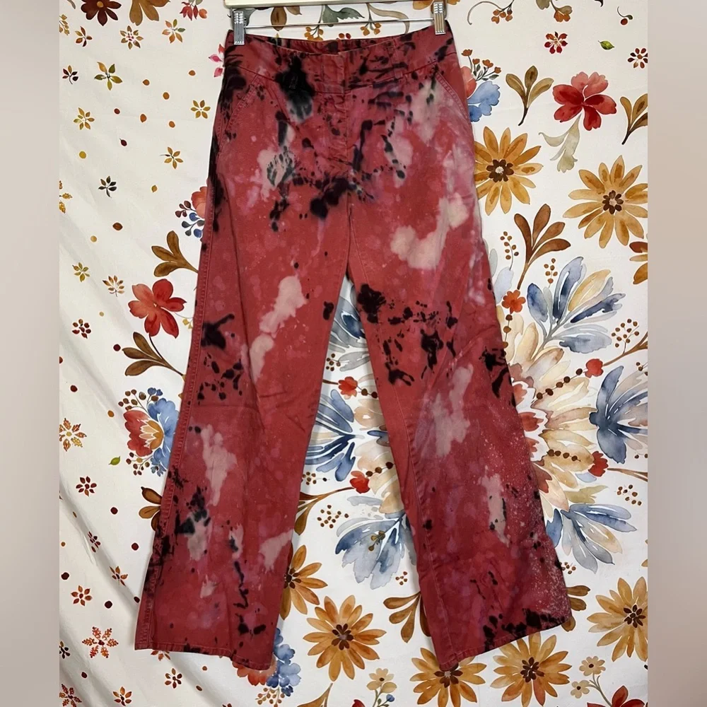 J. Crew 4 Favorite Fit Red Black Bleach Dye Upcycle Fall Preppy Grunge Pants PNW